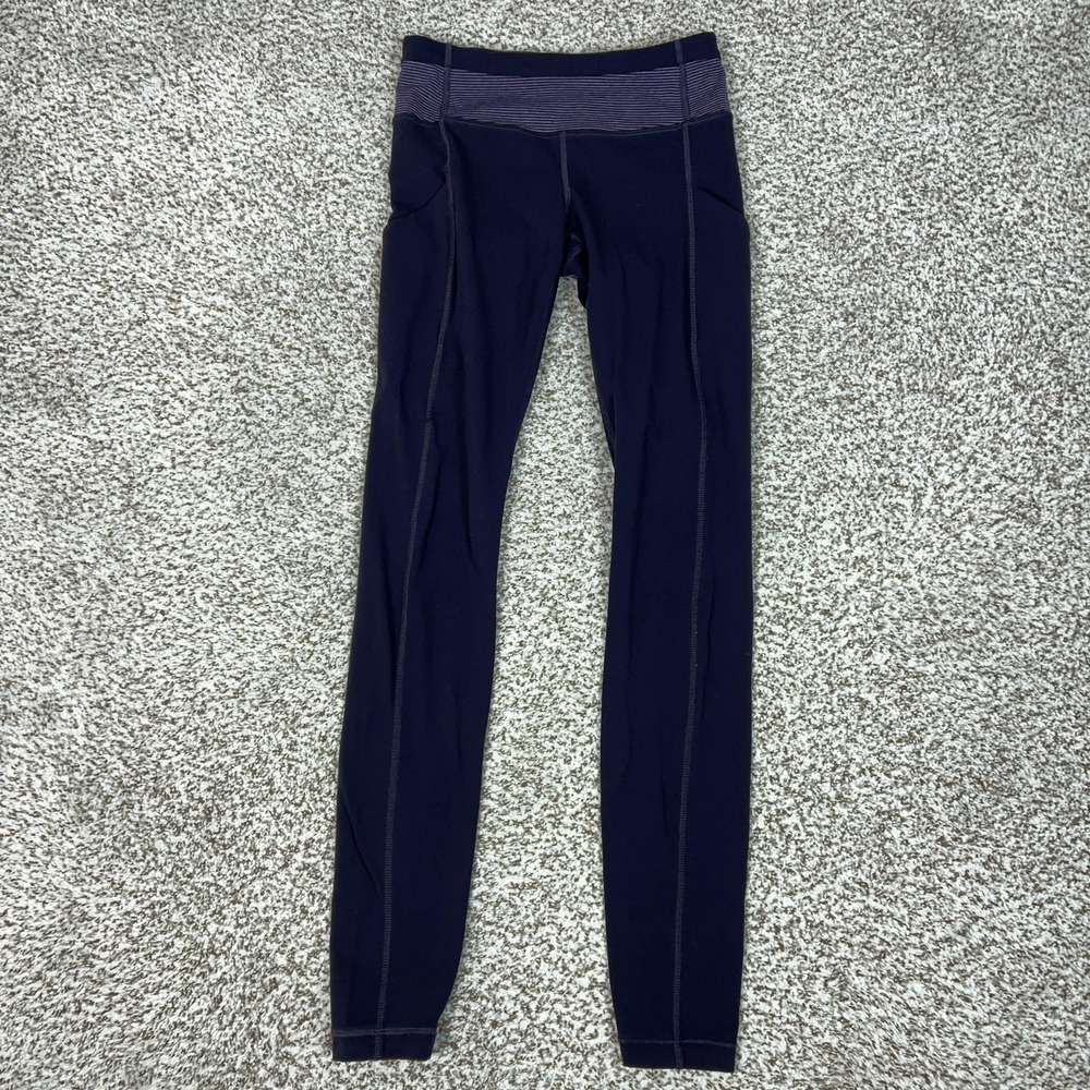 Lululemon Pants Womens 2 Purple Striped Waist Ankle Leggings Pockets Yoga Gym